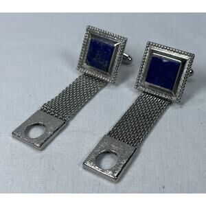 Vintage BLUE SODALITE Silver Wrap-Around Square Cufflinks, With Bonus Tie Bar!